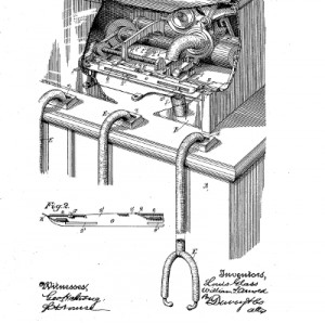 Louis Glass' patent on a coin-operated phonograph. The tubes lead to headsets for listening